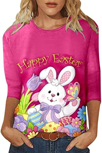 Camisas de Páscoa para mulheres casuais 3/4 manga Bunny Graphic Tshirt Trops Wokout Tunic Tops