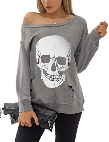 Blooming Welly Women's Crewneck Sweatshirt Skull Graphic T camisetas de manga comprida Tampo superior suéteres grandes