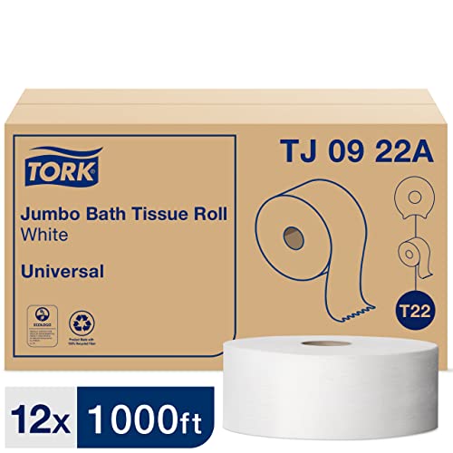 Tork Jumbo Papel Toilet Roll T22 White, Universal, 2-Ply, 12 x 1000 ', TJ0922a