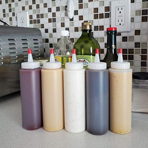 Kelkaa 8oz HDPE Squeeze garrafas com abertura de boca larga, tampas de iorquinos vermelhos com 0,030 orifício para condimentos e produtos de líquidos grossos, garrafas vazias recarregáveis
