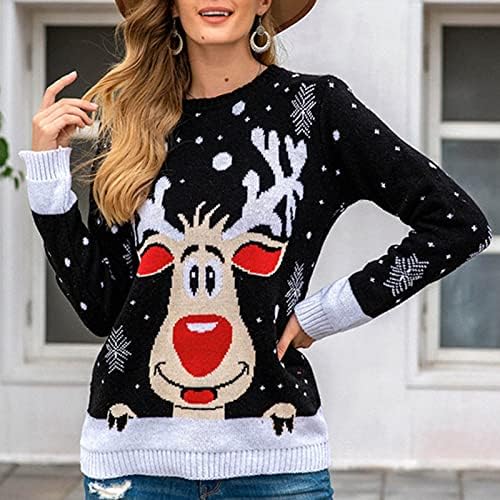 Sweater Feio de Natal para mulheres engraçadas de rena de malha de malha tops de pullinates de gola de manga longa de manga