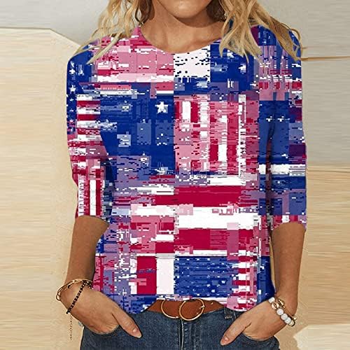 Independence Day Shirts 3/4 mangas femininas T-shirts Fashion Crewneck Stars and Stripe Impred Tunic Blouse Tops