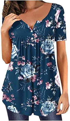 Tops femininos ocultam a túnica da barriga 2023 de verão de manga curta, blusas estampadas florais Flowy Henley T camisetas