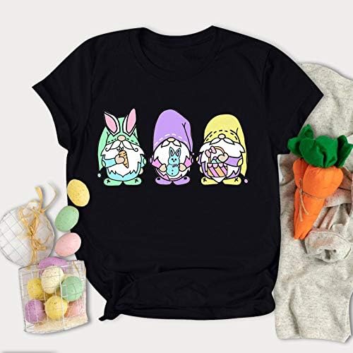 Camisa de Páscoa engraçada Mulheres gnomos fofos ovos de coelho de coelho tamis tampas de férias de manga curta de manga curta solta