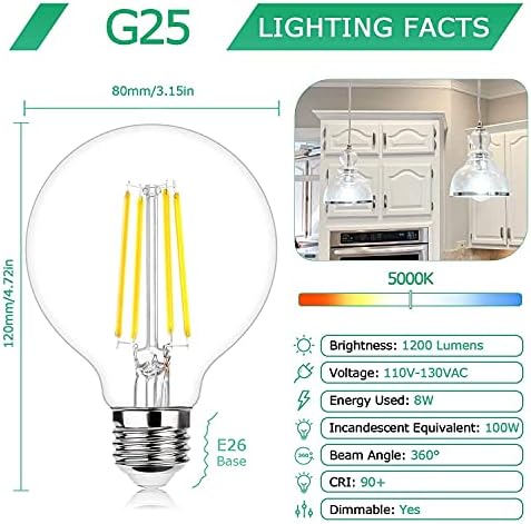 G25 LED Edison Blobe Blobe Bulbos 100watt equivalente 1200lm 5000k Daylight White LED Vanity Light 8W E26 Base média Filamento