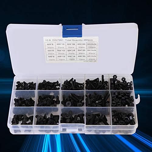 Fafeicy 460pcs HEX SOCKET STECK, Black Flat Porca de aço de carbono de aço de carbono M3 M4 M5 Equipado com nozes e embalagem em caixa, porca