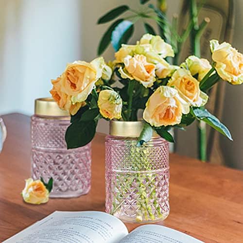 Vaso de vaso de flores de 2 mochila, vaso rosa canelado com tampo de metal dourado, decorativo elegante para peça central
