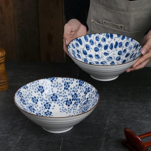 WeuNum Ceramic Japanese Ramen Bowl, 60 onças grandes com colher e pauzinhos e prateleiras para salada Sopa Udon Pho Asian Noodles,