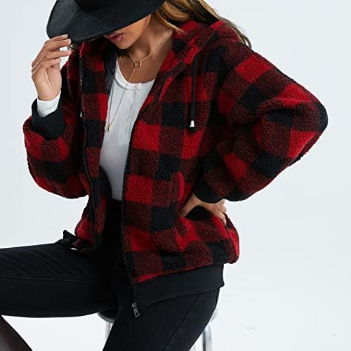 Cokuera Fashion Winter Casat for Women Elegante Plaid Fleece Sweater Jackets Casual Oversize Overtemcoat com bolsos