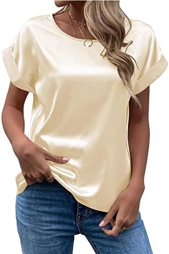 Blusas e tops femininos elegantes elegante e elegante pescoço redondo rolo de manga curta cetim blusa de seda tops t camisetas