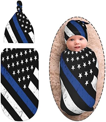 Socira American Flag Newborn Swaddle Blanket e Feanie Hat Set Police Blue Line Bandle, Greito de Recebimento para Menas