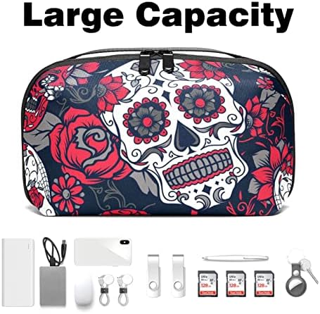 Bolsa de bolsas portáteis de organizador eletrônico Red Rose Skull Skull Sagão de cabo para discos rígidos, USB, cartão