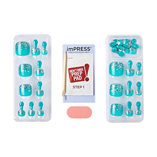 Kiss Impression Pedicure Pedicure Fake Pounds Kit, Style Sparkling Mint, Square, Square, Glittery Turquoise Press-On Nails,