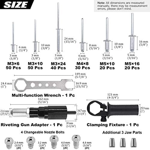 SWPEET 211pcs Kit de adaptador de armas de rebite elétrico de aço de aço preto, incluindo 2,4/3.2/4,0/4,8 mm de diâmetro,