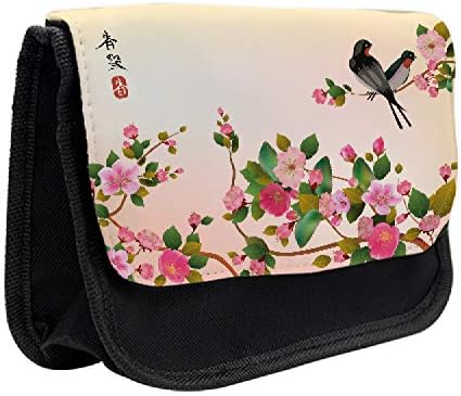 Caixa de lápis de flor de cerejeira lunarável, sakura e pássaros, bolsa de lápis de caneta com zíper duplo, 8,5 x 5,5, multicolor