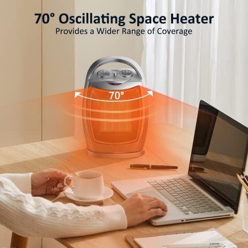 Aquecedores de espaço shinic para uso interno, aquecedor portátil elétrico de 1500W com oscilação de 70 °, termostato, superaquecimento e proteção contra pontas, aquecedor de quarto pequeno e silencioso para o quarto de escritório, preto