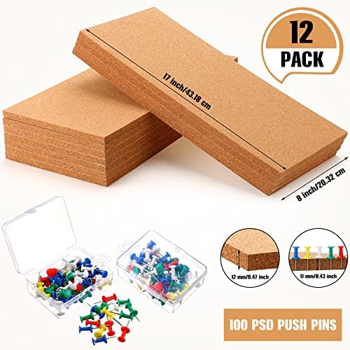 12 PCs Cork Placas para paredes 17 x 8 polegadas Conselho de aviso adesivo com 100 pcs pushpins de espessura telhas de