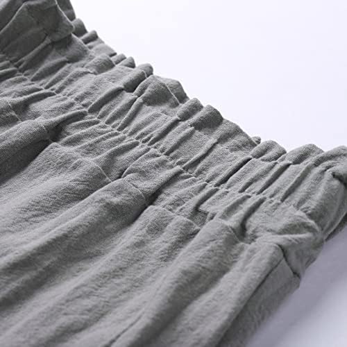Calças de linho de algodão casual de verão para mulheres calças de perna reta larga de cintura alta com bolsos confortáveis