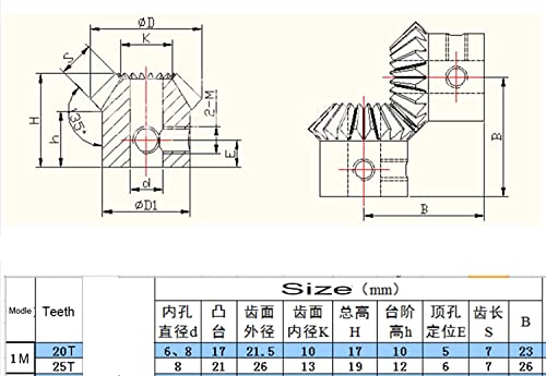 Pnzxi 1m20t Bore 6mm 1: 1 engrenagens de chanfro de metal 1 módulo 20 dentes com orifício interno 6mm 90 graus comutação