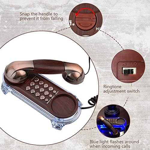 Telefone com fio de parede retro antigo, telefone flash antigo, telefone de extensão, parede de chamadas penduradas na moda montada com luz de fundo azul, telefones achados de fundo para escritório/casa