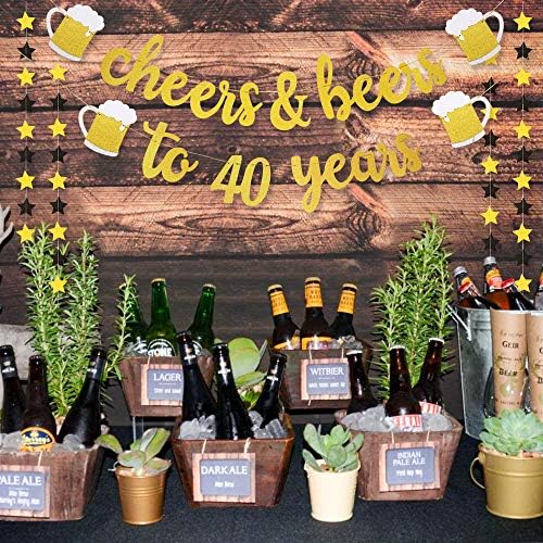 Decorações de aniversário de 40 anos para homens/mulheres - 40º aniversário - Cheers e cervejas a 40 anos Banner de Gold Glitter