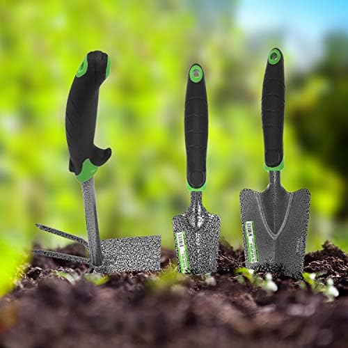 Conjunto de ferramentas de jardim de Wilfiks, kit de jardinagem de aço para carbono pesado de 3 peças, inclui uma espátula de mão, transplante e uma luta de enxada e cultivador, ferramentas manuais de jardim à prova de dobra com uma alça ergonômica