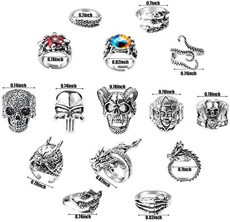 Pantide 16pcs Conjunto de anéis punk vintage, anéis ajustáveis ​​de motociclista de liga gótica, Esqueleto do crânio