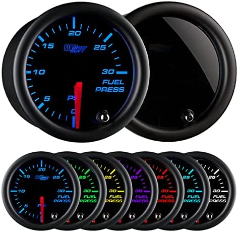 Glowshift TINTED 7 COR 30 PSI Kit de medidor de pressão de combustível - Inclui sensor eletrônico - Dial Black - Lente