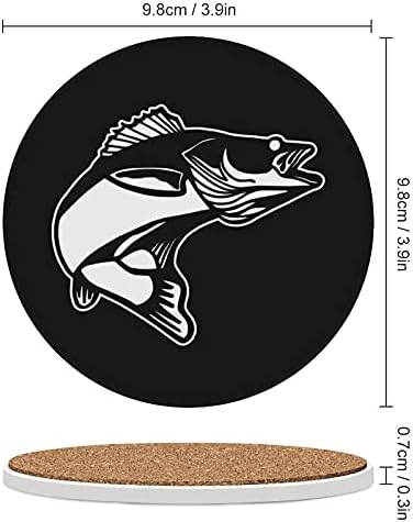 Coasters de cerâmica redondos de desenho animado de peixe walleye base de cortiça não deslizamento para decoração de mesa 4pcs