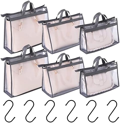 Sacos de poeira para bolsas 6 pacote, organizador de armazenamento de bolsa transparente para armário, organizador de armazenamento de bolsas transparente, tampa de bolsa pendurada organizadora de armário com zíper, alças e gancho de bolsa - cinza
