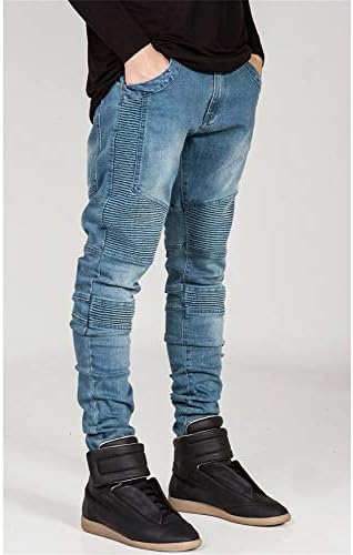 Andongnywell Men's Mid Motorcycle Slim Pleating Leggings calças de jeans skinny elástica com bolso de botão com zíper