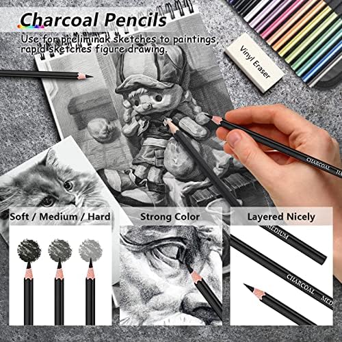 76 conjunto de desenhos de embalagem, kit de desenho de arte profissional com caderno de desenho de três cores para adultos para