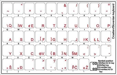 Decalques de teclado eslovenos/croatas com fundo transparente de letras vermelhas