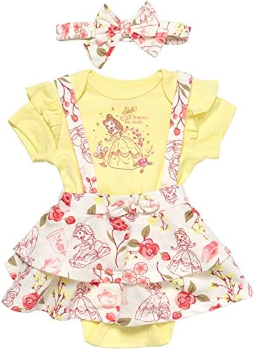 Princesa Disney Belle recém-nascida meninas de 3 peças conjunto de roupas: Bodysuit francês Terry Jumper Band para a cabeça amarelo