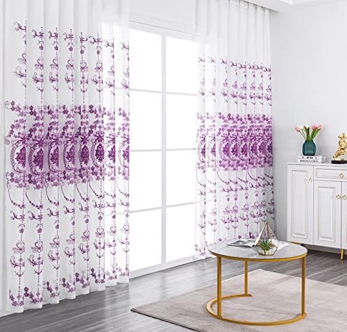 Cortinas semi -pura daesar para o quarto 2 painéis, cortinas de ilhós cortinas de voz de linho bordado roxo bordado vintage Flores