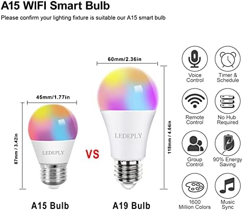 LEDEPLEY 5W = 40W, A15 Smart Bulb, compatível com Alexa, Google Home, E26, Alteração de cores, lâmpadas Wi -Fi LED reduzidas, sem necessidade de hub, 1 pacote