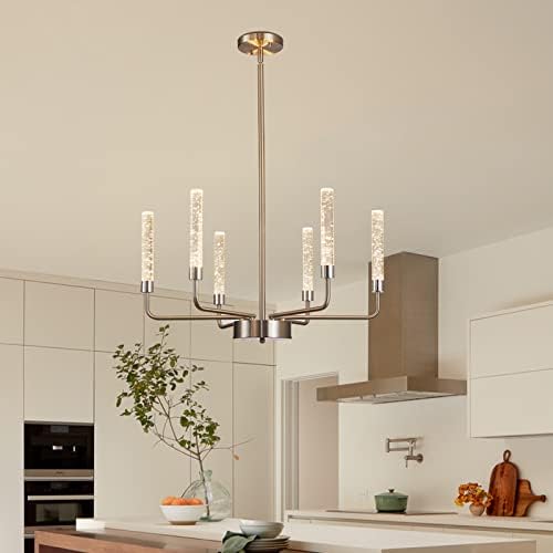 Candeleiro moderno de LED, 6 lustres leves de cristal para sala de jantar com acabamento de níquel escovado, luminárias de vela de altura ajustável para o quarto de entrada da cozinha da sala de estar