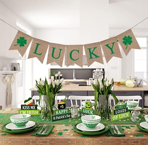 4 Decorações de mesa de madeira de St Patrick Centerpieces Blocks Shamrock Clover Irish Patty Bandeja e mesa de mesa Decoração