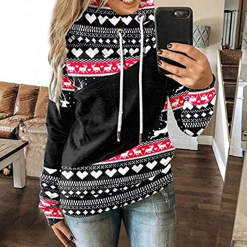 Feliz Feliz Natal Impresso Contraste Solwars Soldomotas Longas Capuz de Manga Longa Casual Pullover Blusies