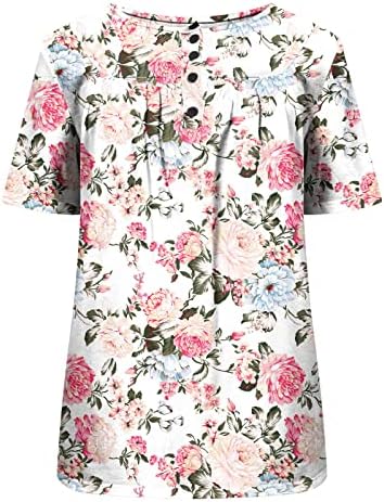 Túnica casual feminina Túmulos de verão Floral Impresso de manga curta Henley Button Up V Nech Camiseta Flowy