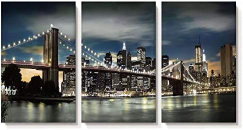 Brooklyn Bridge Canvas Wall Art: 3 painéis Modern City Night View Pinturas Skylines Lights In New York Pictures Urban Skyscraper Cityscape