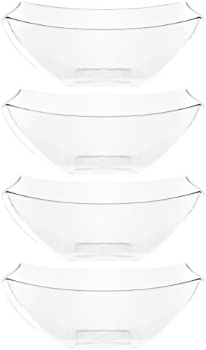 Plasticpro Disponível Square Serving Bowls, Snack de festa ou salada, plástico transparente ou pacote branco de 4