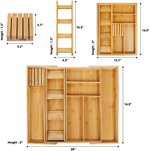 Ozera Organizador de talheres de bambu, organizador de utensílios expansíveis e organizador de talheres na gaveta, bandeja de talheres organizador de gavetas de cozinha de talheres com bloco de faca