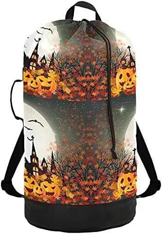 Halloween Pumpkins Full Moon Laundry Back de roupa pesada Mochila de lavanderia com alças de ombro Handles Travel Bolsa de roupa