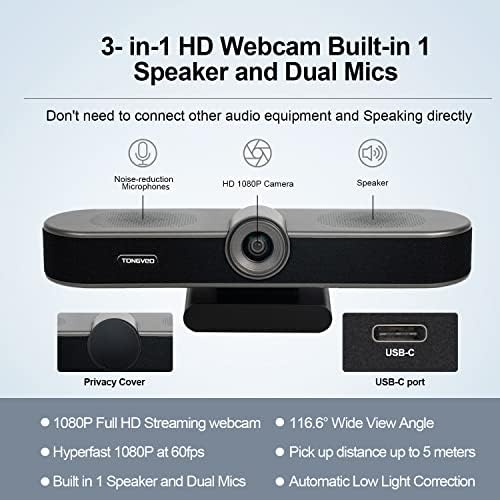 1080p 60fps streaming webcam com microfones e alto -falante, Tongveo 116,6 ° Câmera de web de largura de largura