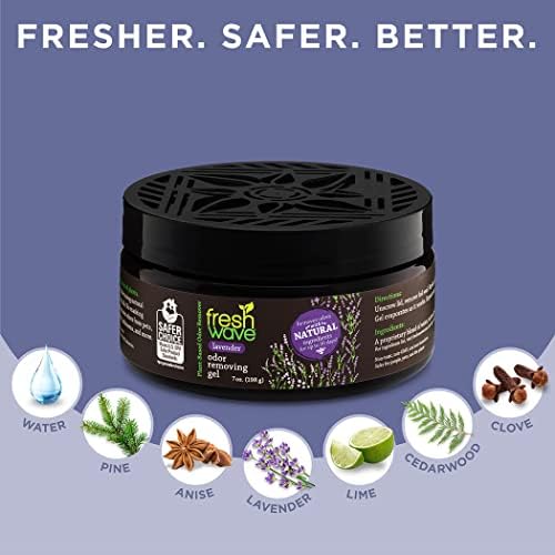 Odor de lavanda de onda fresca Gel de remoção, 7 onças. | Pacote de 3 | Absorvedores de odor mais seguros para casa | Eliminador de odor à base de plantas naturais | A cada 7 onças. dura 15-30 dias | Para cozinhar, lixo e animais de estimação