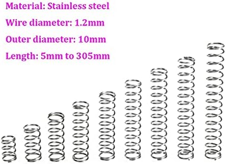 As molas de compressão são adequadas para a maioria dos reparos I Diâmetro do fio de 1,2 mm de aço inoxidável compressão Diâmetro externo da mola de 10 mm comprimento da mola de 5 mm-305mm