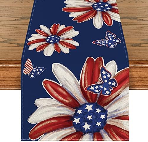 Modo Artóide Flag American Butterfly Daisy 4 de julho Runner de mesa, Memorial Day Decoração de mesa de jantar patriótica