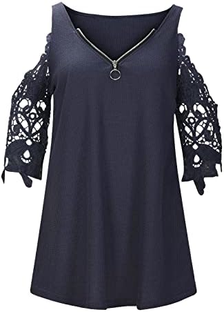 Ombro frio deslizamento curto 1/2 manga 2023 Camiseta de algodão de renda V de pescoço superdimensionado para blusa de lounge feminina