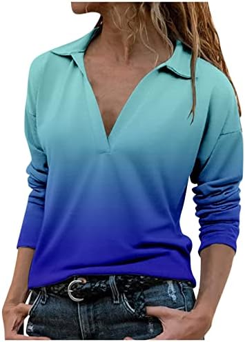 Ruziyoog Dressy Lapeel V Camisetas pescoço para mulheres Casual Manga longa Tiça tampa impressa Tee Low Cut Sexy Blouse